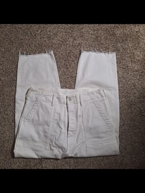 MOTHER The Patch Pocket Private Ankle Fray Jeans Cream Puffs Off-White 31